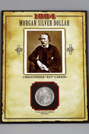 1884-O Morgan Silver Dollar, PCS Legends of West W/Stamp Kit Carson, unc.