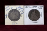 2 Seated Liberty Half Dollars; 1853 w/arrows & rays & 1854-O faded