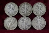 6 Walking Liberty Silver Half Dollars; 1942P,1942S,1943P,1943D,1944S,1945P