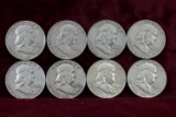 8 Franklin Silver Half Dollars; 1954D,1957D,1958D,1959D,1960D,1961D,1962D,1963D