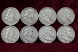 8 Franklin Silver Half Dollars; 1951S,1952S,1953D,1954D,1957D,1958D,1959D,1960D