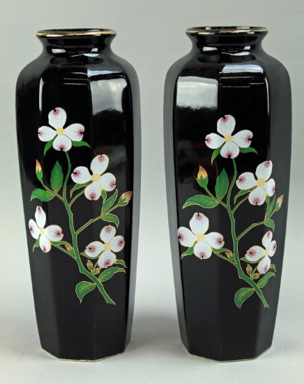 MIC Black Floral "Cherry Blossom" Vases, Japan