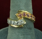 14K Gold Ladies Ring w/ Diamond & Rose Colored Stones, Sz. 7