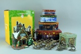 Holiday Items: Napkin Rings, Santa Cottage, Boxes, Pewter Items