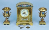 French A.D. Mougin Brass Clock w/ Cloisonné Accents & Garnishment, Ca. 1911