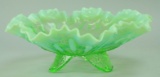Fenton Art Glass Vaseline Green Opalescent 3 Footed Ruffled Bowl
