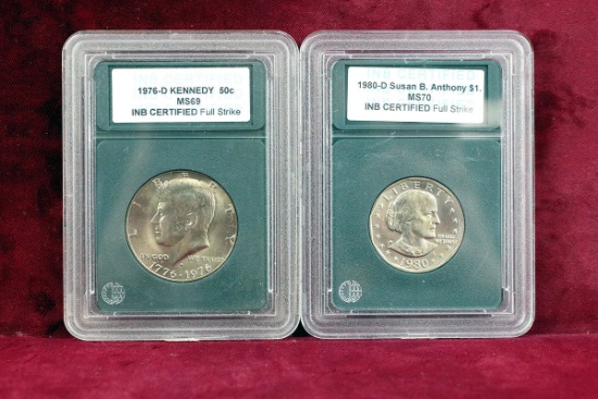 1976-D Kennedy Half MS69 + 1980-D Susan B Anthony MS70; both INB Certified