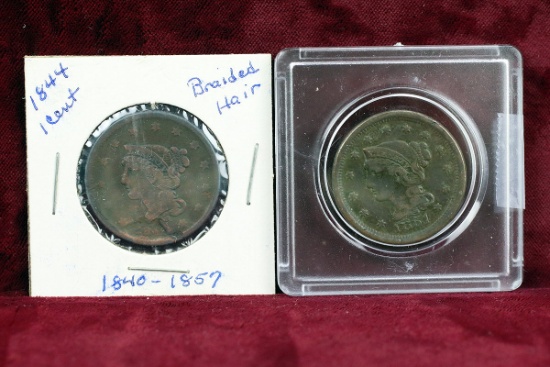 2 U.S. Large Cents, 1844 & 1851 (Braided Hair)