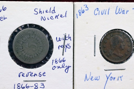 1866 Shield Nickel w/rays + 1863 Civil War Token (New York)