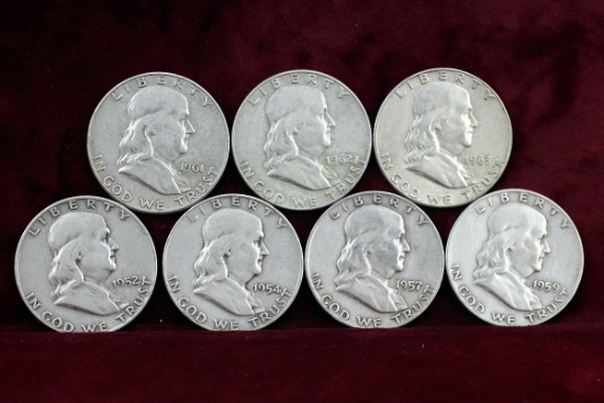 7 Franklin Half Dollars; 1952-D,1954-D,1957-D,1959-D,1961-D,1962-D,1963-D