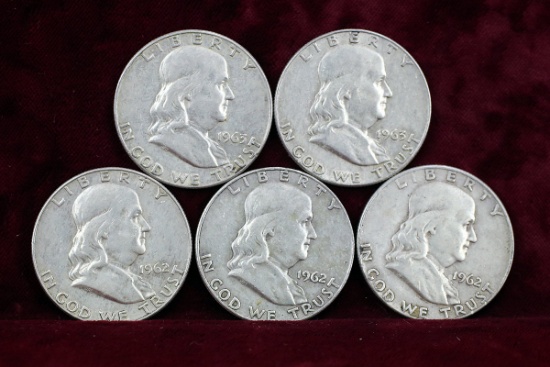 5 Franklin Half Dollars; 3-1962-D, 2-1963-D
