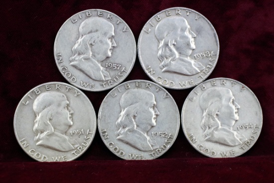 5 Franklin Half Dollars; 1951-S,1952-D,1954-D,1957-D,1958-D