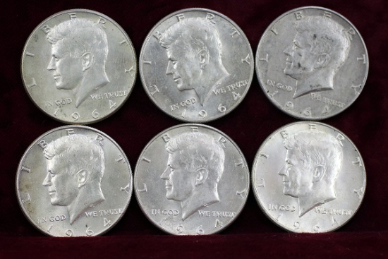 6 - 90% Silver Kennedy Half Dollars; 3-1964-P & 3-1964-D