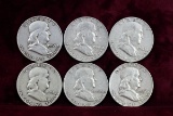 6 Franklin Half Dollars; 1951-S,1954-D,1957-D,1959-D,1961-D,1962-D
