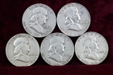 5 Franklin Half Dollars; 1951-S,1952-D,1954-D,1957-D,1958-D