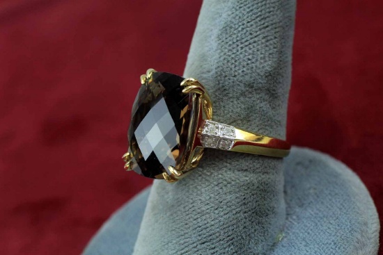 10K Gold Ring w/ Smokey Quartz Colored Stone, Sz. 8, 5.6 Grams