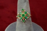 10K Gold Ring w/ Emerald Colored Stones, Sz. 7.5