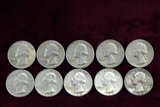 10 Washington Silver Quarters; 5-1964-P,5-1964-D