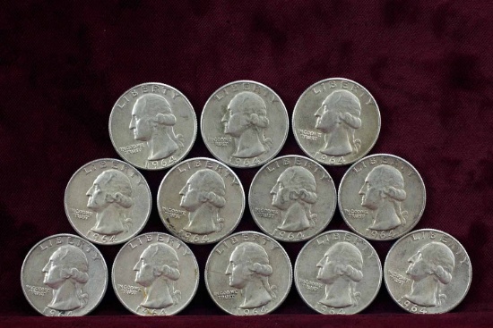 12 Washington Silver Quarters; 6-1964-P,6-1964-D