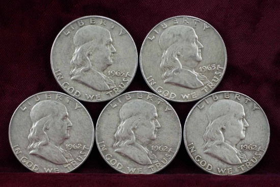 5 Franklin Silver Half Dollars; 3-1962-D,2-1963-D