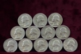12 Washington Silver Quarters; 6-1964-P,6-1964-D