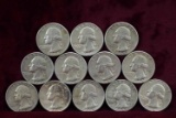 12 Washington Silver Quarters; 5-1964-P,7-1964-D
