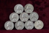 9 Washington Silver Quarters; 3-1962-D,3-1964-P,3-1964-D