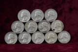 12 Washington Silver Quarters; 4-1961-D,4-1962-D,2-1964-P,2-1964-D