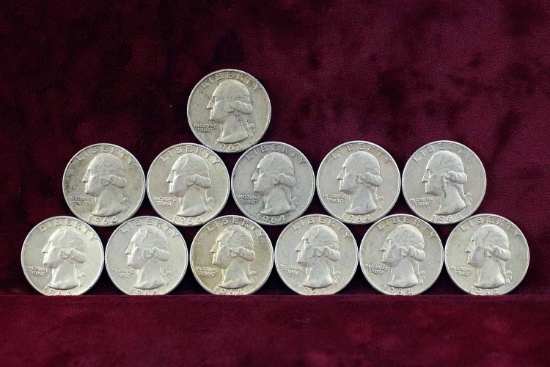 12 Washington Silver Quarters; 6-1964-P, 5-1964-D & 1-1962D