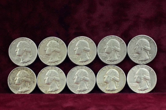 10 Washington Silver Quarters; 5-1964-P & 5-1964-D