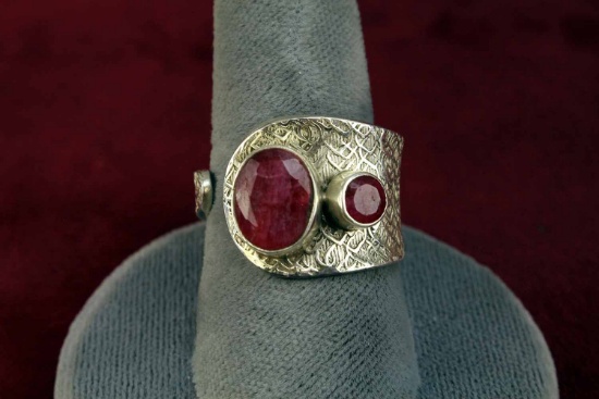 Sterling Silver Ring w/ Ruby Colored Stones, Sz. 9.5