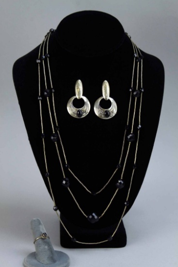Silver Necklace, Earrings & Ring