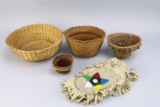 Small Native American Baskets & Beaded Leather Bag