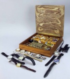 Jewelry Box  & Watches ~ Cufflinks, Pinbacks, Skate Key & More