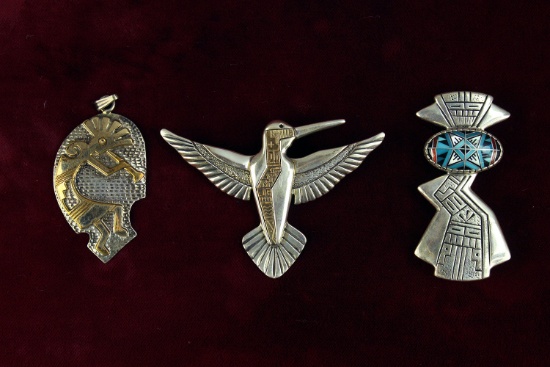 Southwest Style Silver Pendant & Brooches