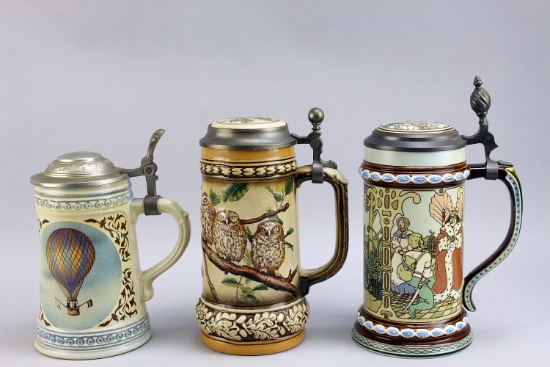 3 German Beer Steins: Gerzit, Alwe & Bros. Grimm Commemorative