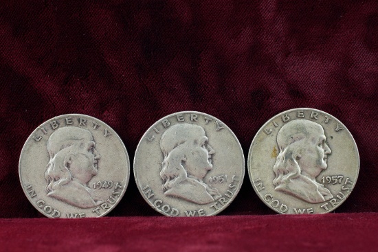 3 Franklin Silver Half Dollars; 1949-S,1951-D,1957-D