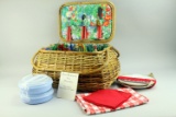 Picnic Basket w/ Floral Lining & Utensils, Plates, Table Cloth