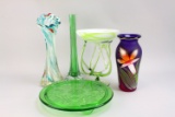 Art Glass Vases, Compote & Green Cake Plate
