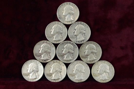 10 various dates/mint Washington Silver Quarters