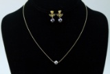 14k Gold Black Pearl Pendant & Earrings