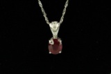 14k White Gold Pendant & Chain w/ Garnet - Ruby Colored Stone