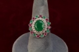 Sterling Silver Ring w/ Emerald & Ruby Colored Stones, Sz. 8