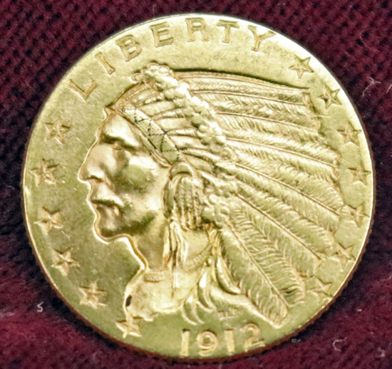 1912 Gold Indian Head 2 1/2 Dollar U.S. Coin