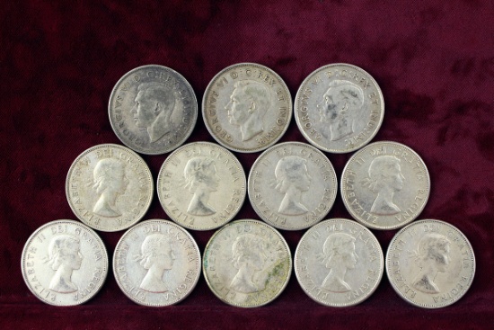 12 Canadian Silver Half Dollars, various dates