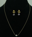 14k Gold Black Pearl Necklace & Earrings, 3.7 Grams