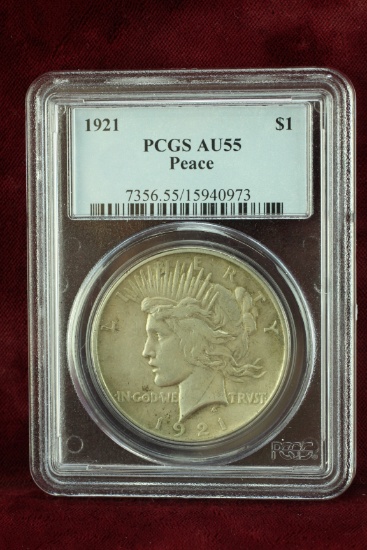 1921-P Peace Silver Dollar, AU55 by PCGS