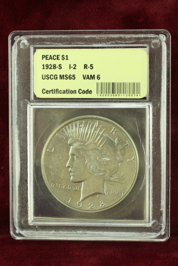 1928-S Peace Silver Dollar; MS65 by USCG