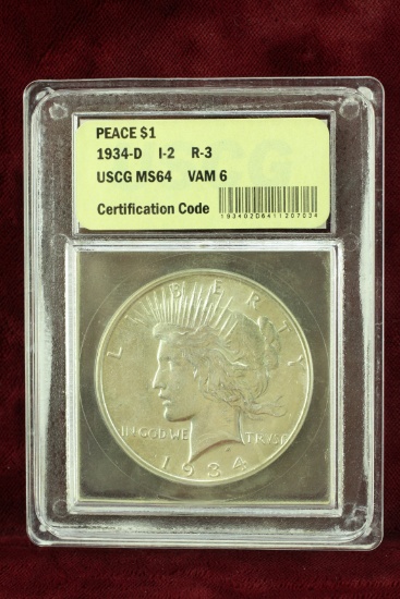 1934-D Peace Silver Dollar; MS64 by USCG