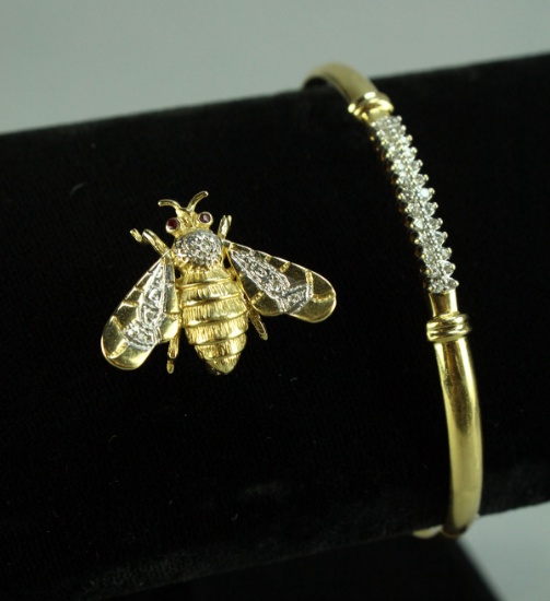 14k Gold Bee Brooch & Bracelet, 10.2 Grams